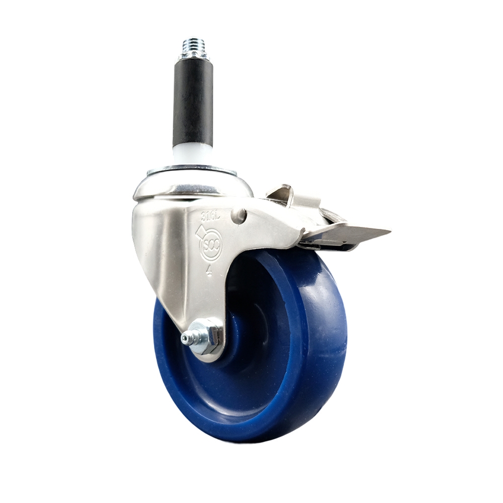 Solid Polyurethane Swivel Stem Caster with 4 in. Blue Caster Wheels & Total Lock Brake, 0.75 in. Expanding Stem - 316 Stainless Steel Caster