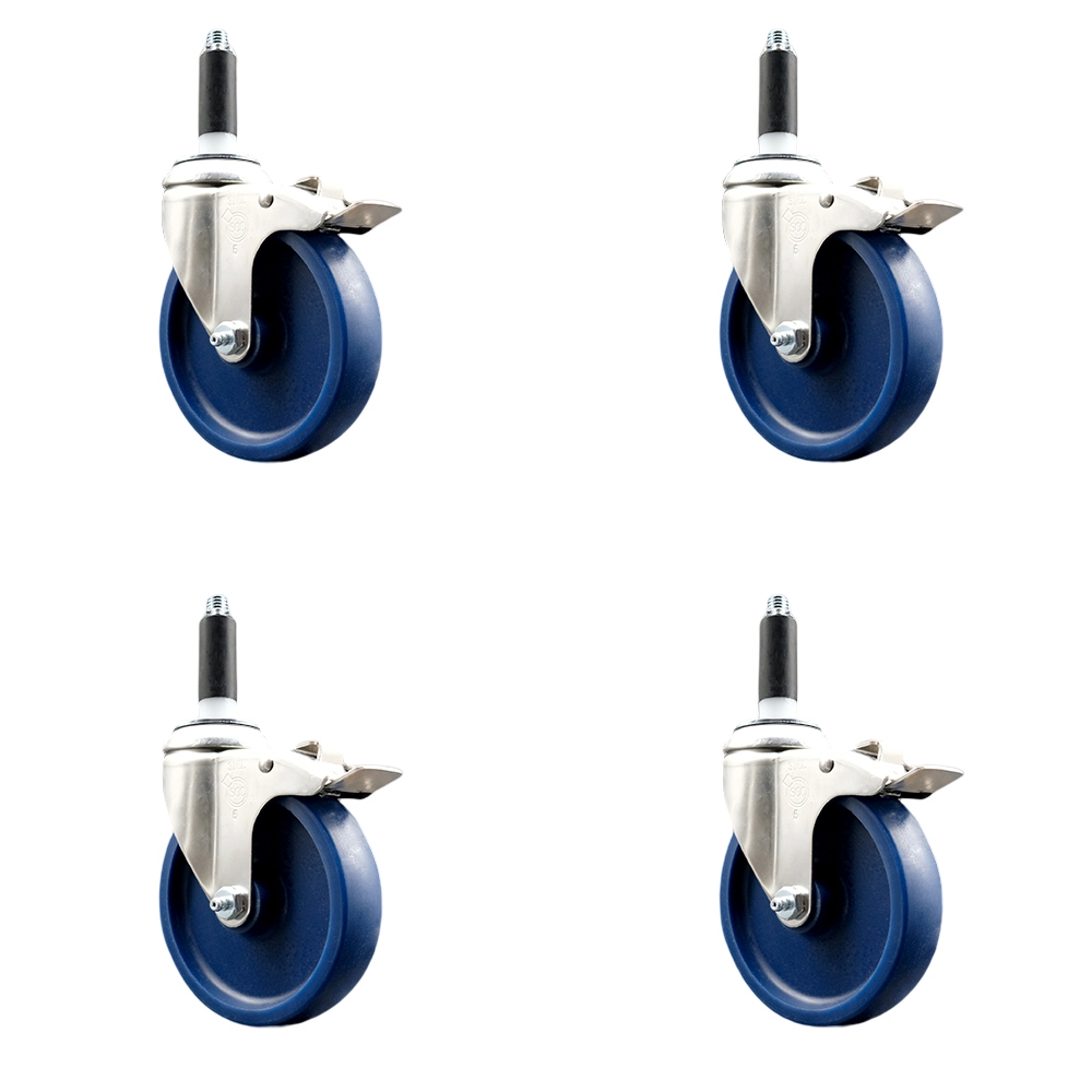 Solid Polyurethane Swivel Stem Caster with 5 in. Blue Caster Wheels, 0.75 in. Expanding Stems - 316 Stainless Steel Casters - Set of 4