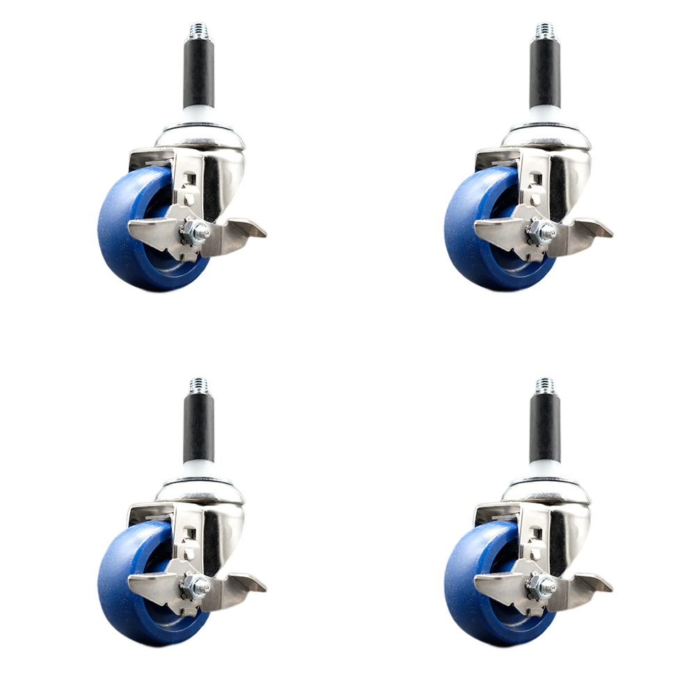 Solid Polyurethane Swivel Stem Caster with 3 in. Blue Caster Wheels, 0.87 in. Expanding Stems - 316 Stainless Steel Casters - Set of 4
