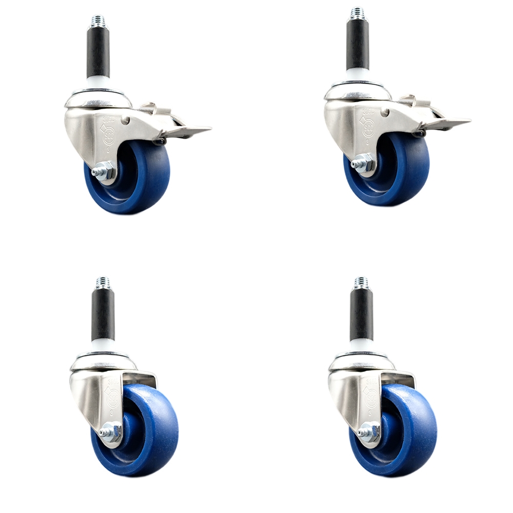 Solid Poly Swivel Stem Caster with 3 in. Blue Caster Wheels, 0.87 in. Expanding Stem - 316 Stainless Steel Casters - Set of 4