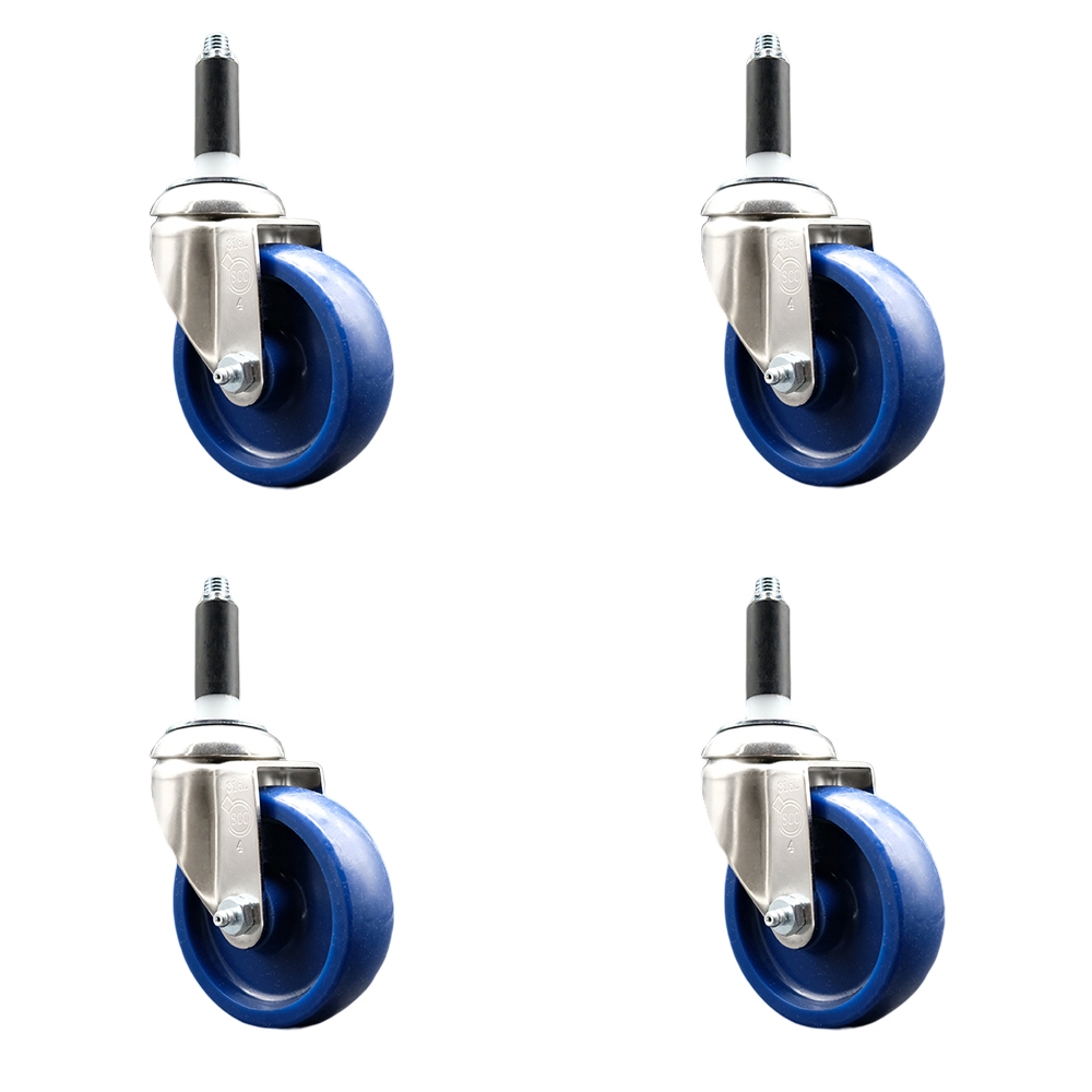 Solid Polyurethane Swivel Stem Caster with 4 in. Blue Caster Wheels, 0.87 in. Expanding Stems - 316 Stainless Steel Casters - Set of 4