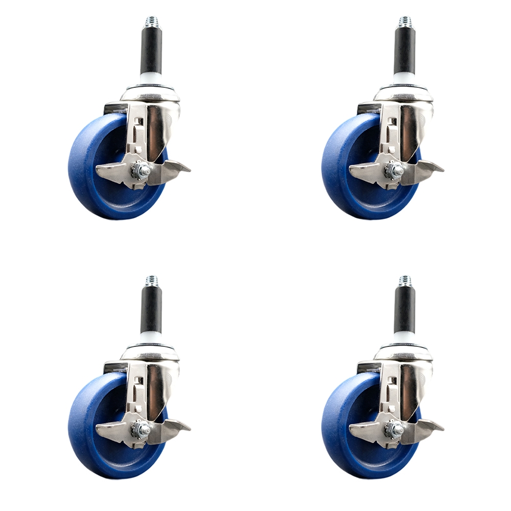 Solid Polyurethane Swivel Stem Caster with 4 in. Blue Caster Wheels, 0.87 in. Expanding Stems - 316 Stainless Steel Casters - Set of 4