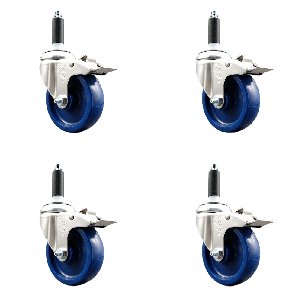 Solid Polyurethane Swivel Stem Caster with 4 in. Blue Caster Wheels, 0.87 in. Expanding Stems - 316 Stainless Steel Casters - Set of 4