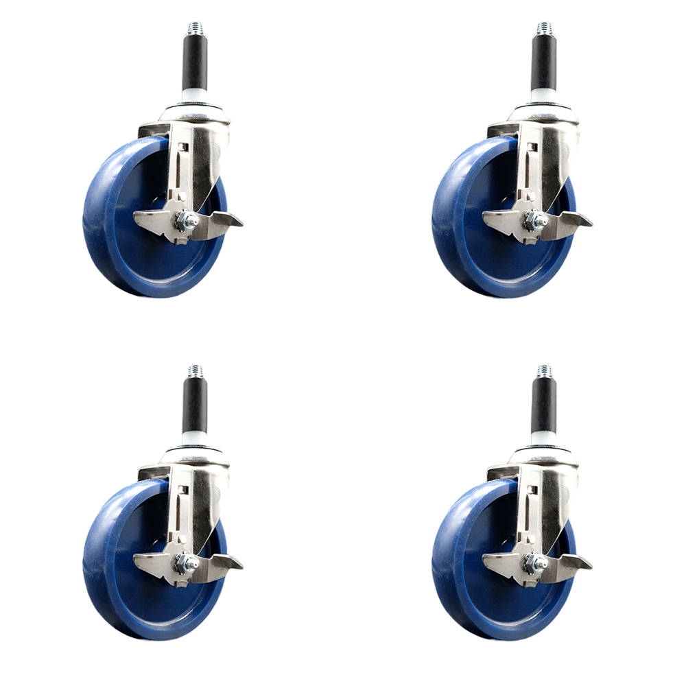 Solid Polyurethane Swivel Stem Caster with 5 in. Blue Caster Wheels, 0.87 in. Expanding Stems - 316 Stainless Steel Casters - Set of 4