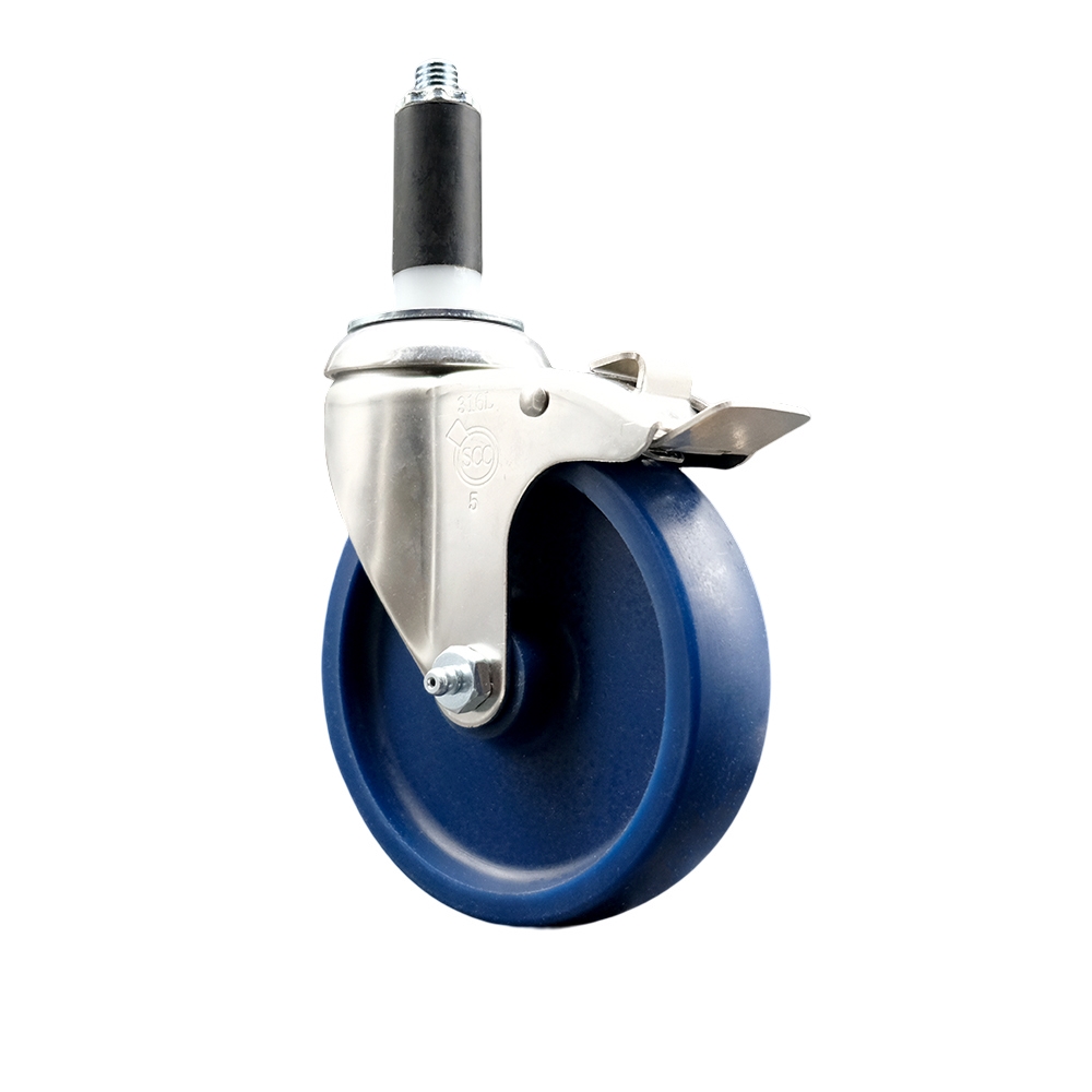 Solid Polyurethane Swivel Stem Caster with 5 in. Blue Caster Wheels & Total Lock Brake, 1 in. Expanding Stem - 316 Stainless Steel Caster