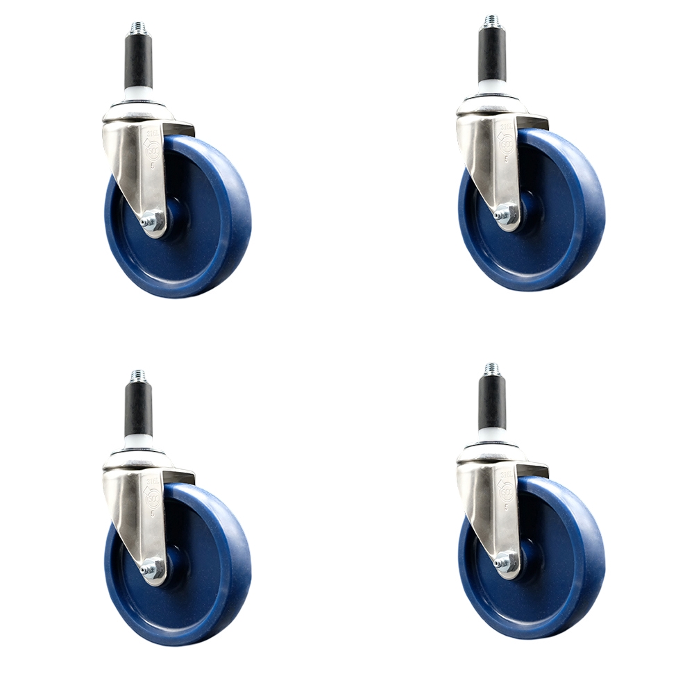 Solid Polyurethane Swivel Stem Caster with 5 in. Blue Caster Wheels, 1 in. Expanding Stems - 316 Stainless Steel Casters - Set of 4