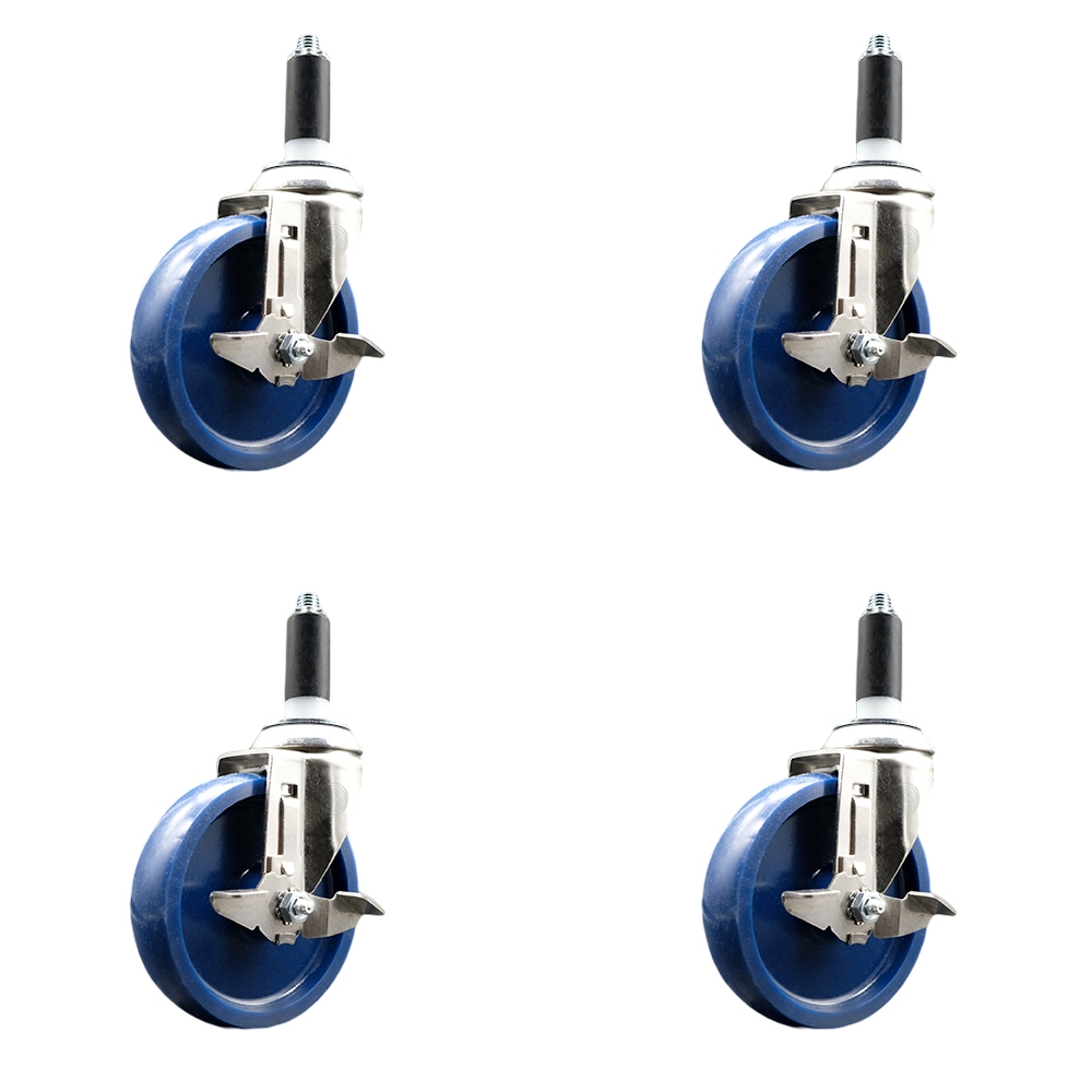 Solid Polyurethane Swivel Stem Caster with 5 in. Blue Caster Wheels, 1 in. Expanding Stems - 316 Stainless Steel Casters - Set of 4