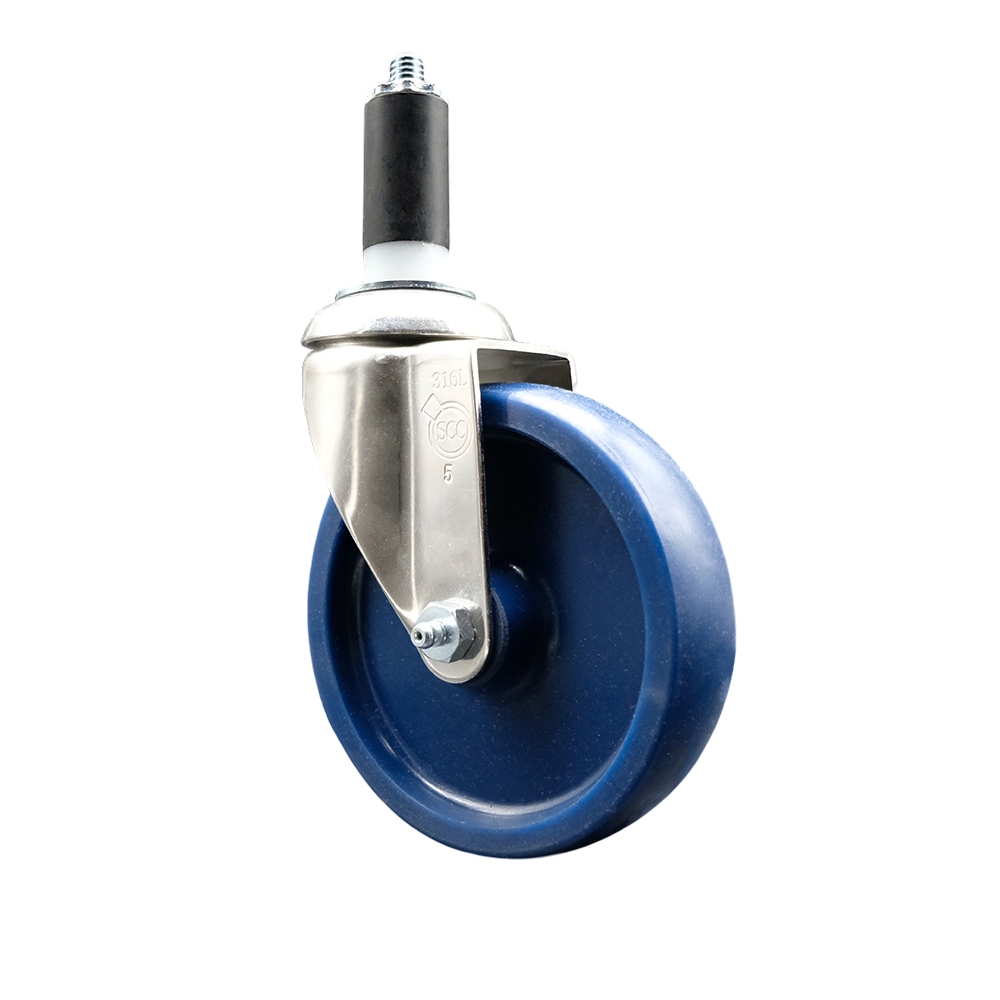Solid Polyurethane Swivel Stem Caster with 5 in. Blue Caster Wheels, 1.25 in. Expanding Stem - 316 Stainless Steel Caster