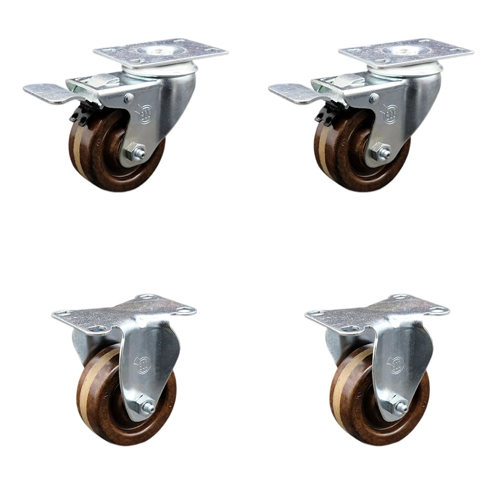 SCC-TTL20S314-PHRHT-2-R-2 High Temperature Phenolic Swivel Top Plate Caster with Roller Bearings 3 in. Wheels - Set of 4