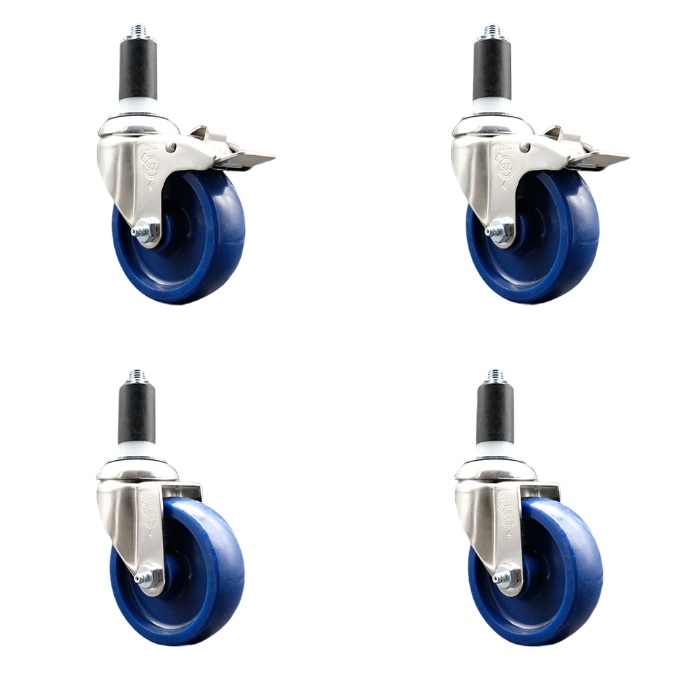 Solid Poly Swivel Stem Caster with 4 in. Blue Caster Wheels, 1.38 in. Expanding Stem - 316 Stainless Steel Casters - Set of 4