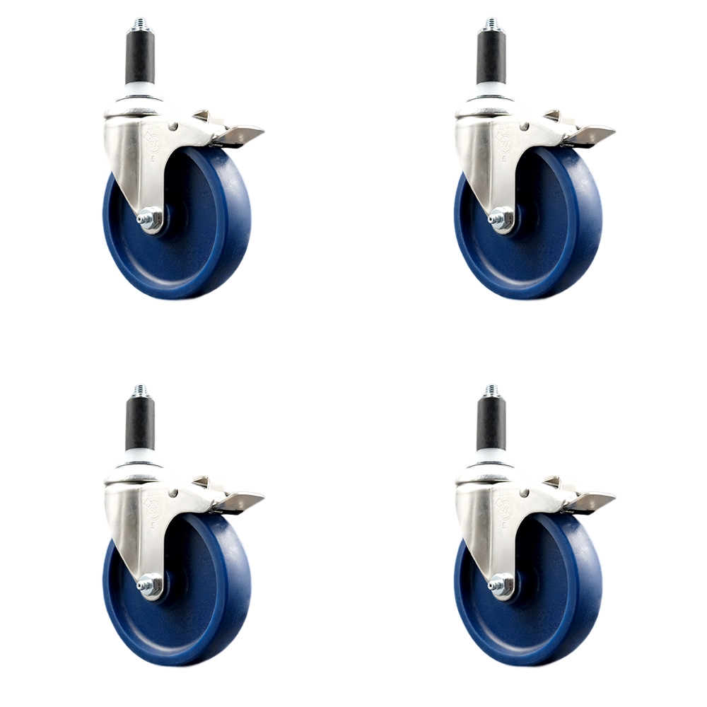 Solid Polyurethane Swivel Stem Caster with 5 in. Blue Caster Wheels, 1.38 in. Expanding Stems - 316 Stainless Steel Casters - Set of 4