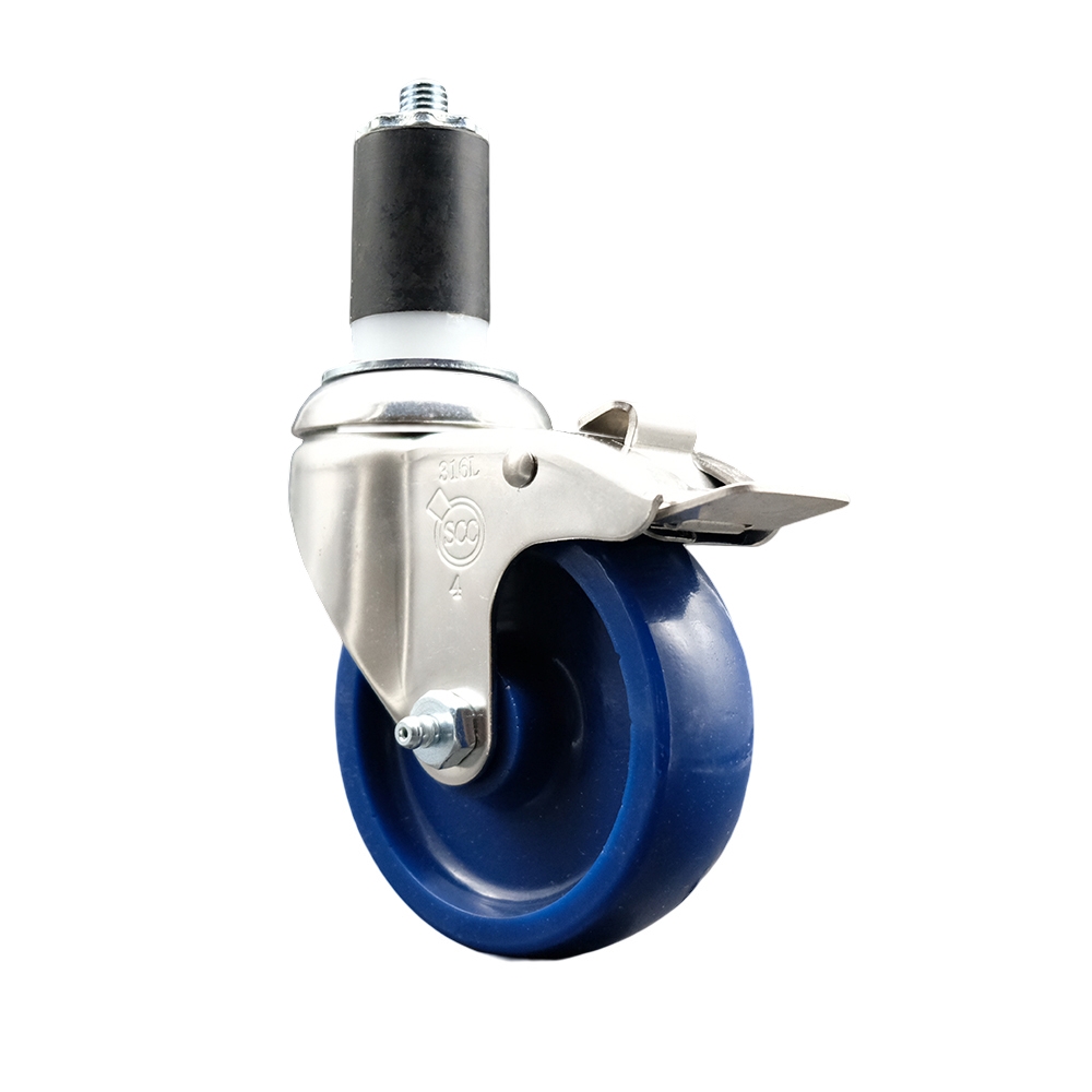Solid Polyurethane Swivel Stem Caster with 4 in. Blue Caster Wheels & Total Lock Brake, 1.5 in. Expanding Stem - 316 Stainless Steel Caster
