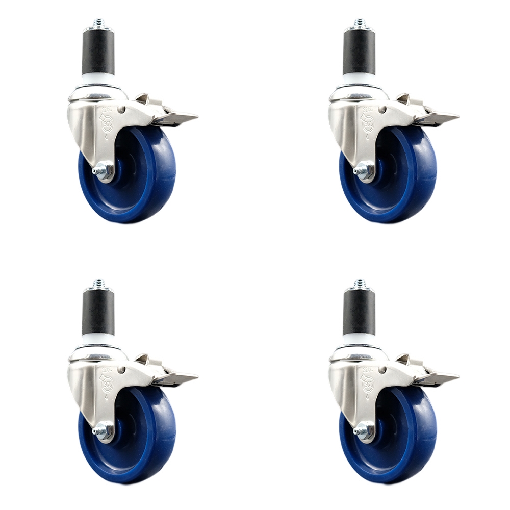 Solid Polyurethane Swivel Stem Caster with 4 in. Blue Caster Wheels, 1.63 in. Expanding Stems - 316 Stainless Steel Casters - Set of 4
