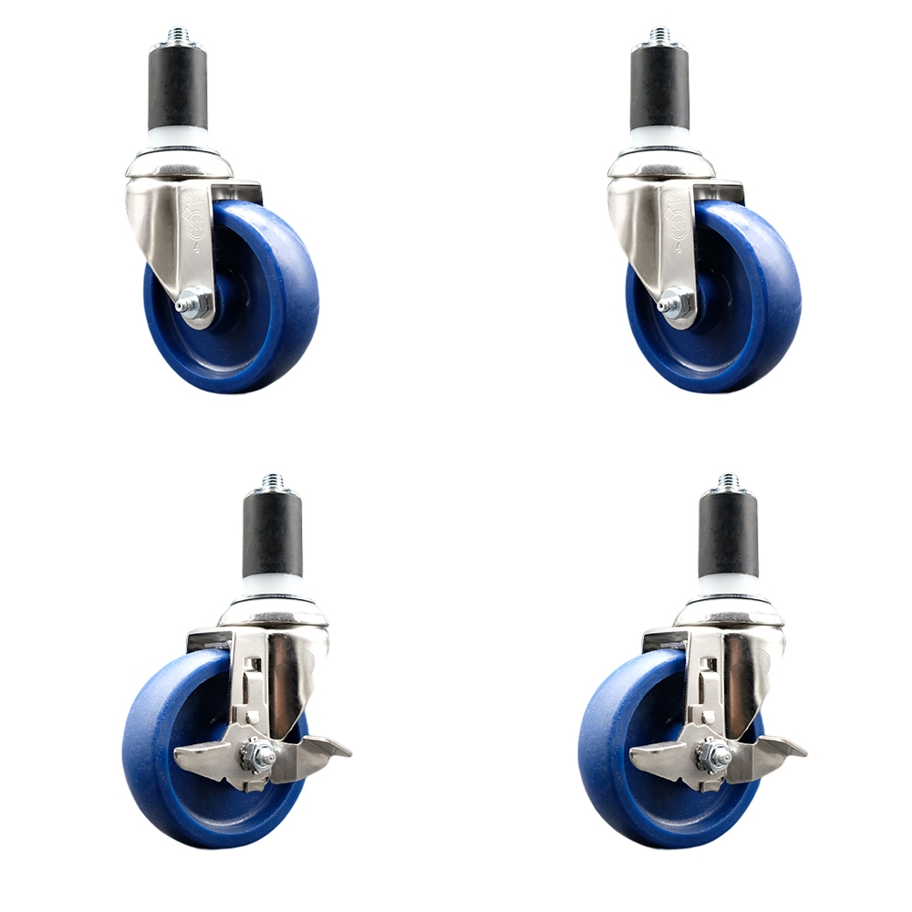 Solid Poly Swivel Stem Caster with 4 in. Blue Caster Wheels, 1.63 in. Expanding Stems - 316 Stainless Steel Casters - Set of 4