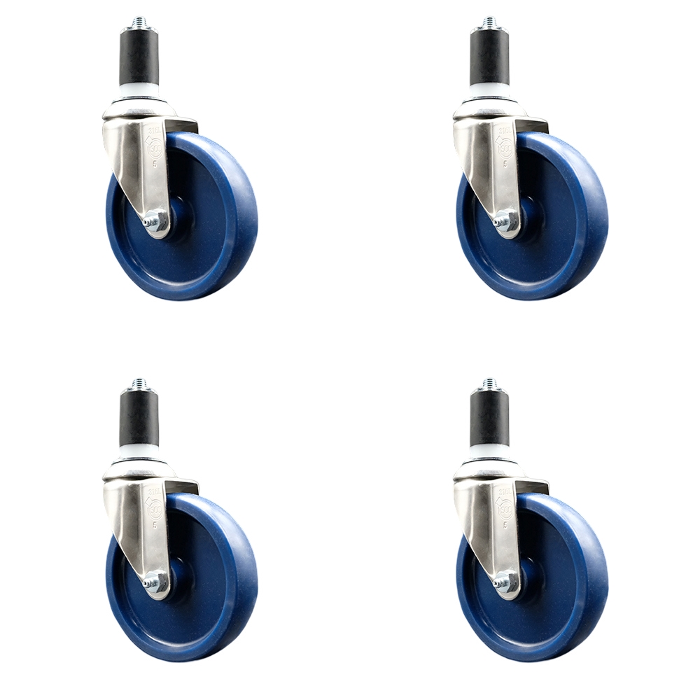Solid Polyurethane Swivel Stem Caster with 5 in. Blue Caster Wheels, 1.63 in. Expanding Stems - 316 Stainless Steel Casters - Set of 4