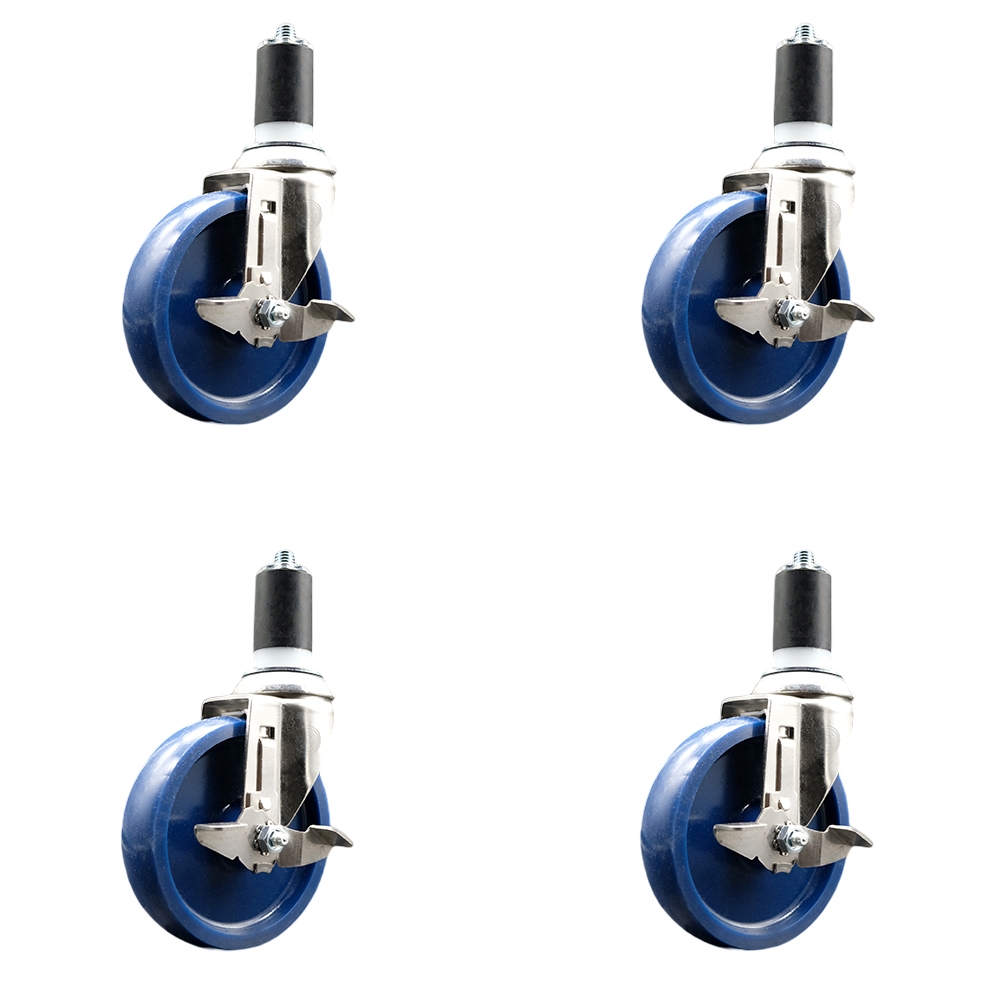 Solid Polyurethane Swivel Stem Caster with 5 in. Blue Caster Wheels, 1.63 in. Expanding Stems - 316 Stainless Steel Casters - Set of 4