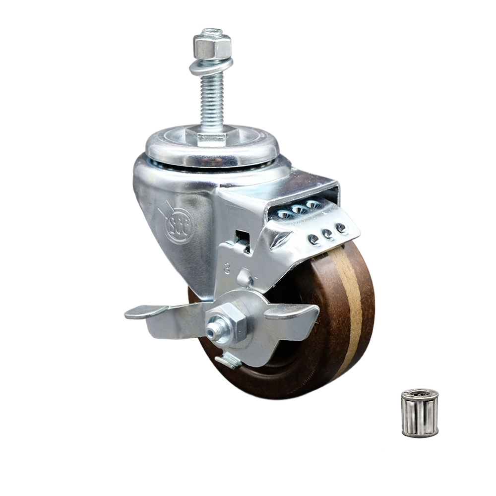 High Temperature Phenolic Swivel Threaded Stem Caster with Roller Bearing 3 x 1.25 in. Brown Wheel & 0.38 in. Stem & Top Locking Brake