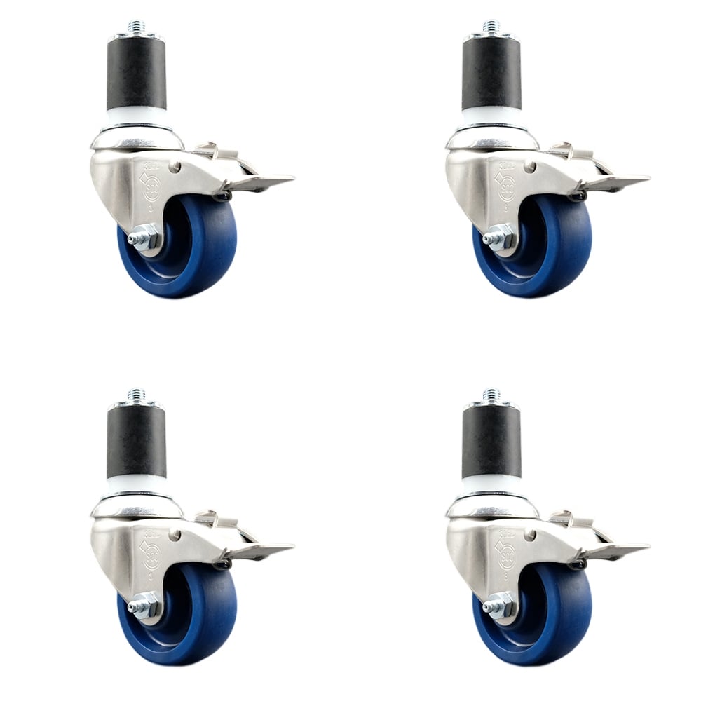 Solid Polyurethane Swivel Stem Caster with 3 in. Blue Caster Wheels, 1.87 in. Expanding Stems - 316 Stainless Steel Casters - Set of 4