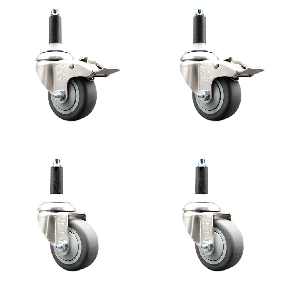 Thermoplastic Rubber Swivel Stem Caster with 3 in. Caster Wheels, 0.75 in. Expanding Stem - 316 Stainless Steel Casters - Set of 4