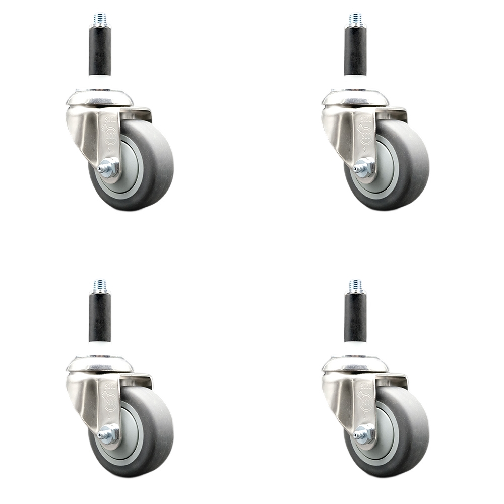 Thermoplastic Rubber Swivel Stem Caster with 3.5 in. Gray Caster Wheels, 0.75 in. Expanding Stems - 316 Stainless Steel Casters - Set of 4
