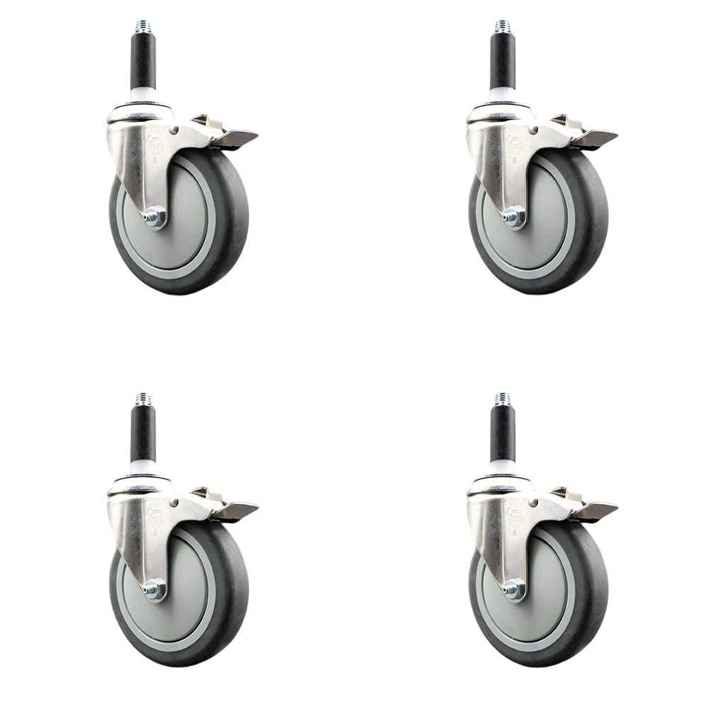 Thermoplastic Rubber Swivel Stem Caster with 5 in. Caster Wheels, 0.87 in. Expanding Stems - 316 Stainless Steel Casters - Set of 4