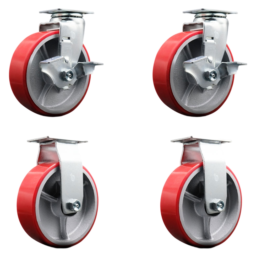 SCC-20S620-PUB-RS-TLB-2-R-2 Swivel & Rigid Plate Caster Set, Red - 6 in. by 2 in. Polyurethane on Cast Iron Wheel Ball Bearing