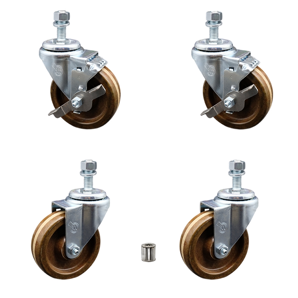 High Temperature Phenolic Swivel Threaded Stem Caster with Roller Bearing 4 x 1.25 in. Brown Wheels & 12 mm Stems - Set of 4
