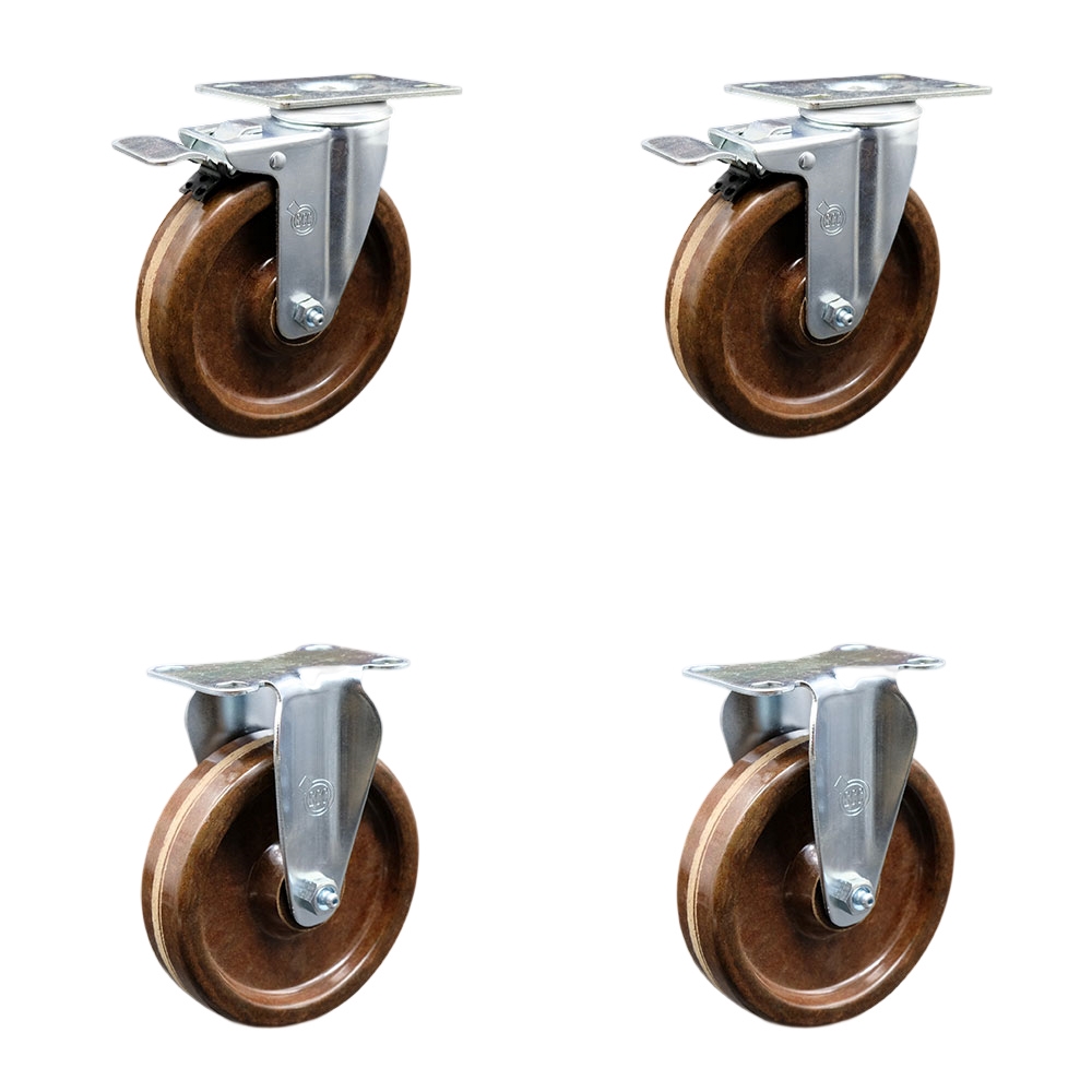SCC-TTL20S514-PHRHT-2-R-2 High Temperature Phenolic Swivel Top Plate Caster with Roller Bearings 5 in. Wheels - Set of 4