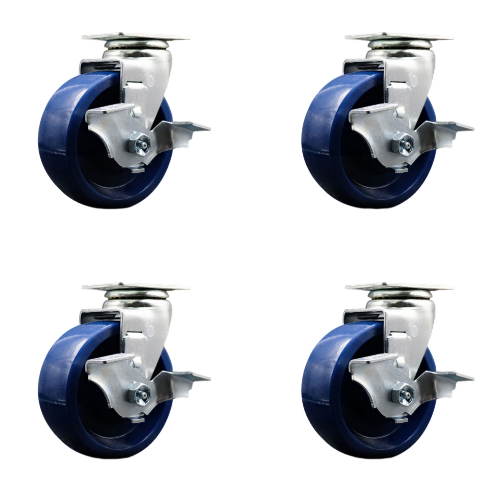 SCC-20S520-SPUR-TLB-4 Swivel Top Plate Caster Set, Blue - 5 in. by 2 in. Solid Polyurethane Wheel Roller Bearing