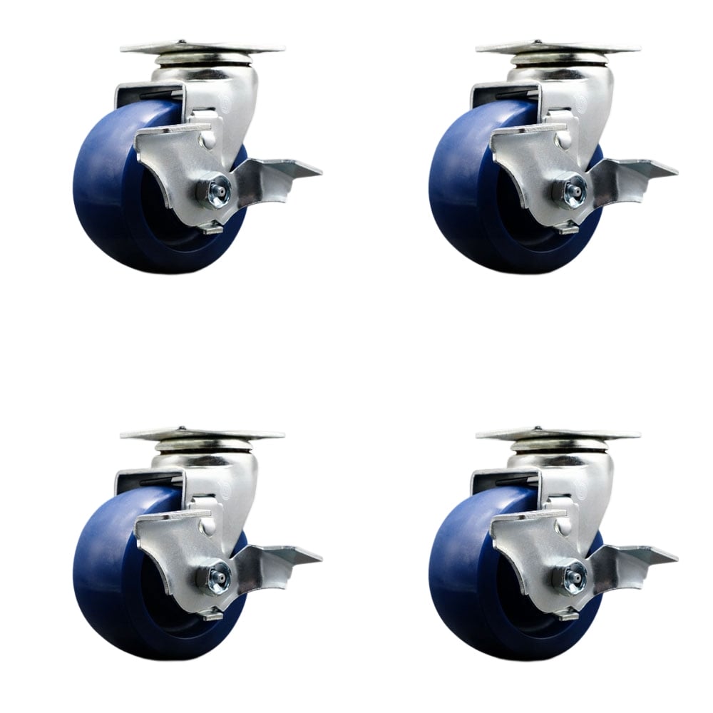 SCC-20S420-SPUB-TLB-4 Swivel Top Plate Caster Set, Blue - 4 in. by 2 in. Solid Polyurethane Wheel Ball Bearing