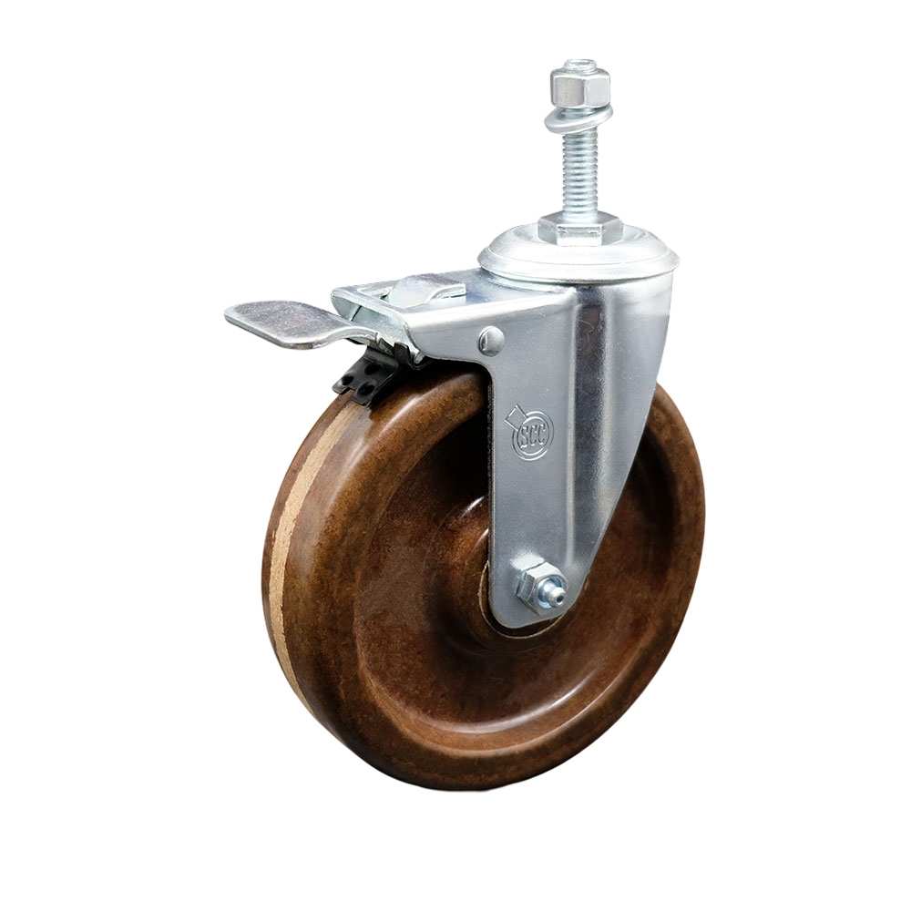 High Temperature Phenolic Swivel Threaded Stem Caster with Roller Bearing 6 x 1.5 in. Brown Wheel & 0.38 in. Stem & Total Locking Brake