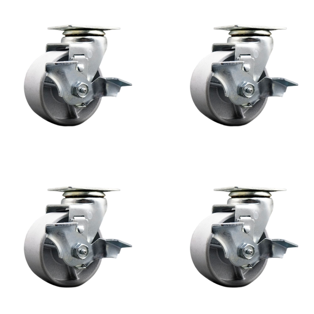 SCC-20S420-SSB-TLB-4 Swivel Top Plate Caster Set, Silver - 4 in. by 2 in. Semi Steel Cast Iron Wheel Ball Bearing