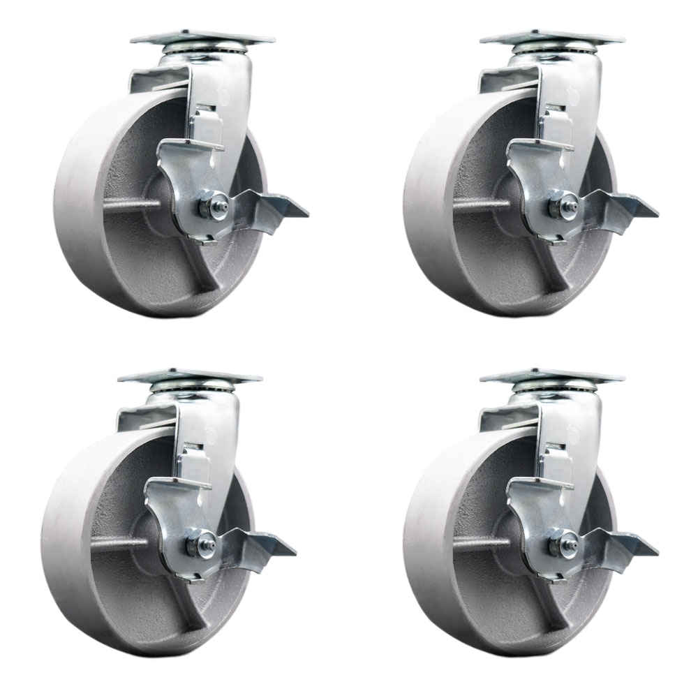 SCC-20S620-SSB-TLB-4 Swivel Top Plate Caster Set, Silver - 6 in. by 2 in. Semi Steel Cast Iron Wheel Ball Bearing