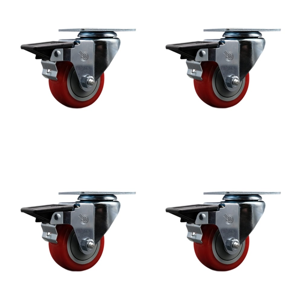 SCC-20S314-PPUB-RED-PLB-4 Polyurethane Swivel Top Plate Caster with 3 in. Red Wheels - Set of 4