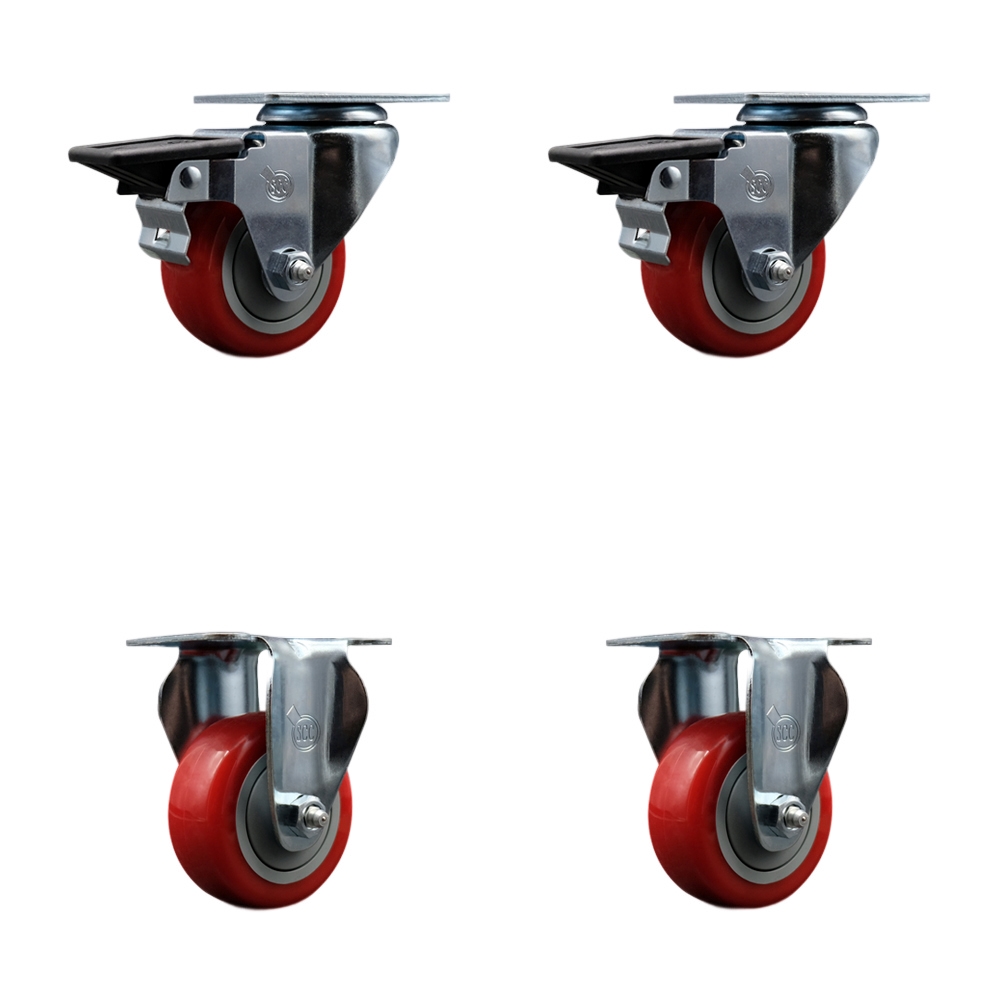 SCC-20S314-PPUB-RED-PLB-2-R-2 Polyurethane Swivel Top Plate Caster with 3 in. Red Wheels - Set of 4