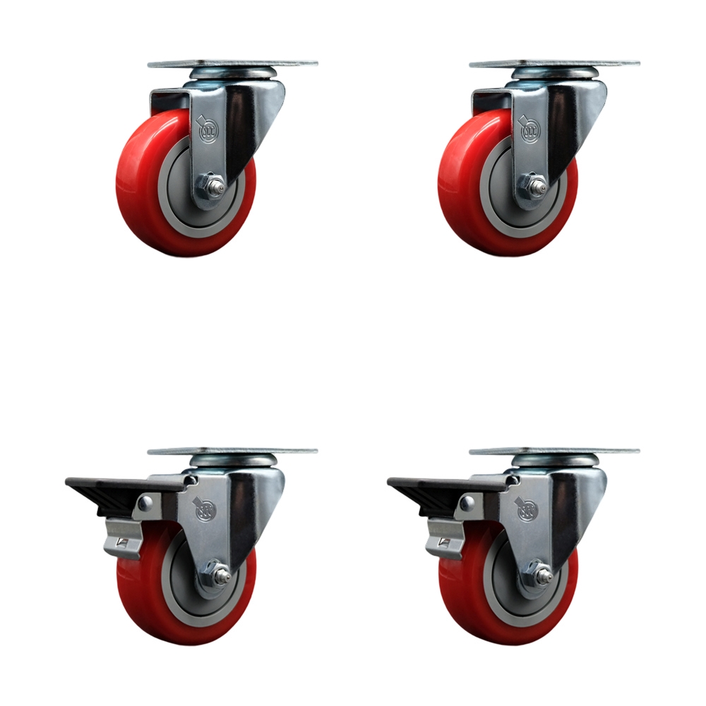 SCC-20S3514-PPUB-RED-2-PLB-2 Polyurethane Swivel Top Plate Caster with 3.5 in. Red Wheels - Set of 4