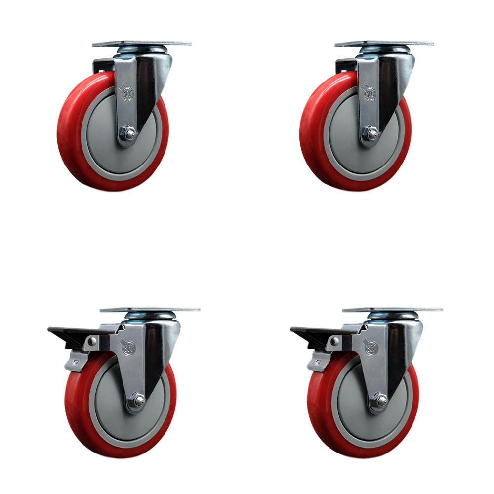 SCC-20S514-PPUB-RED-2-PLB-2 Polyurethane Swivel Top Plate Caster with 5 in. Red Wheels - Set of 4