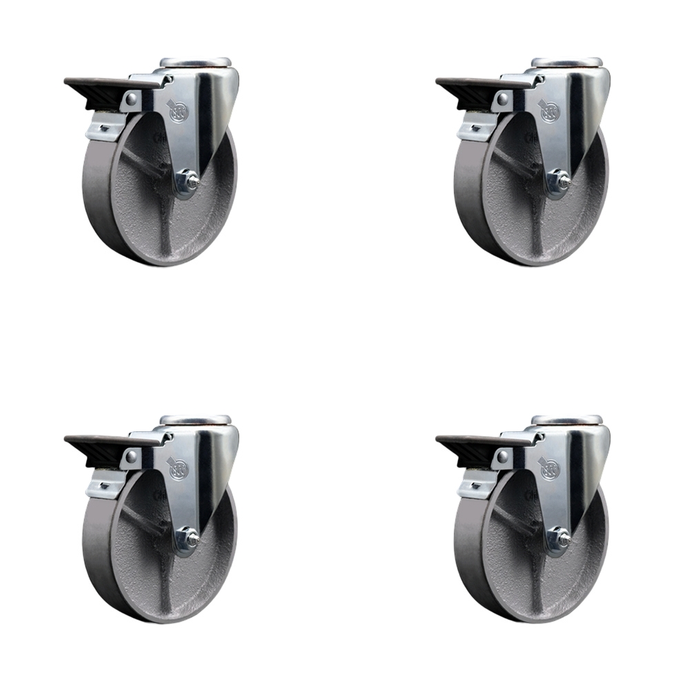 SCC-BH20S515-SSR-PLB-4 Semi Steel Cast Iron Swivel Bolt Hole Caster with Roller Bearing, 5 x 1.5 in. Silver Wheels - Set of 4