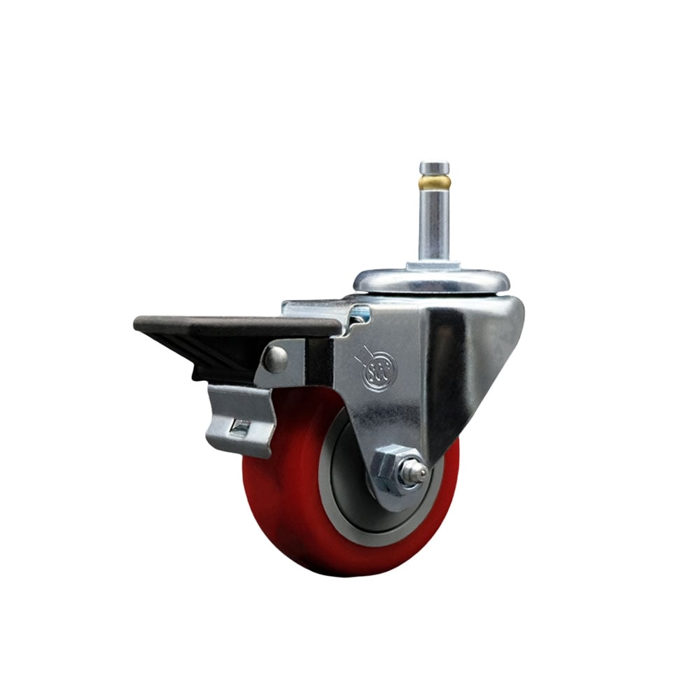 SCC-GR20S314-PPUB-RED-PLB-716138 Polyurethane Swivel Grip Ring Stem Caster with 3 x 1.25 in. Red Wheel & 0.43 in. Stem & Posi Locking Brake