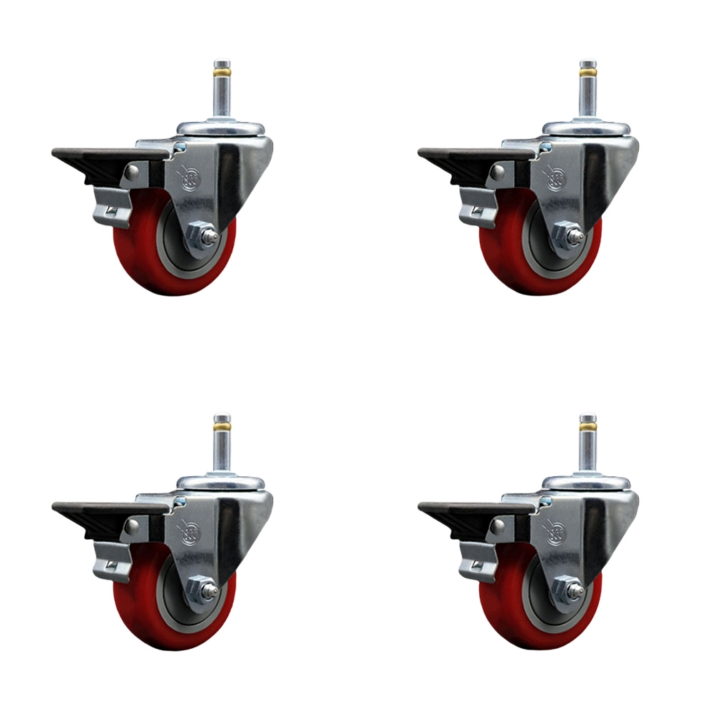 SCC-GR20S314-PPUB-RED-PLB-716138-4 Polyurethane Swivel Grip Ring Stem Caster with 3 x 1.25 in. Red Wheels & 0.43 in. Stems - Set of 4