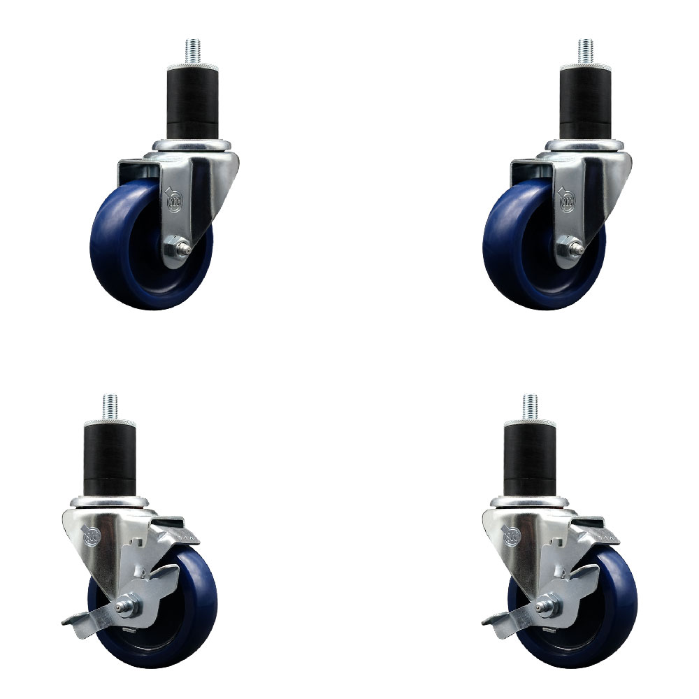 Stainless Steel Solid Polyurethane Swivel Expanding Stem Caster with 3.5 in. Blue Wheels & 1.75 in. Stems 2 with Top Locking Brakes - Set of 4