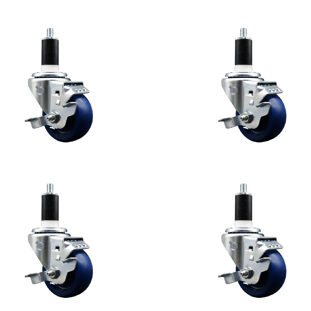 Stainless Steel Solid Polyurethane Swivel Expanding Stem Caster with 3 in. Blue Wheels & 1.38 in. Stems 4 Swivel with Top Locking Brakes - Set of 4