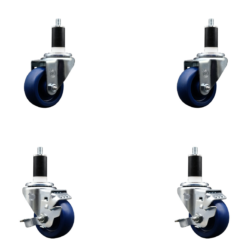 Stainless Steel Solid Polyurethane Swivel Expanding Stem Caster with 3.5 in. Blue Wheels & 1.38 in. Stems 2 with Top Locking Brakes - Set of 4