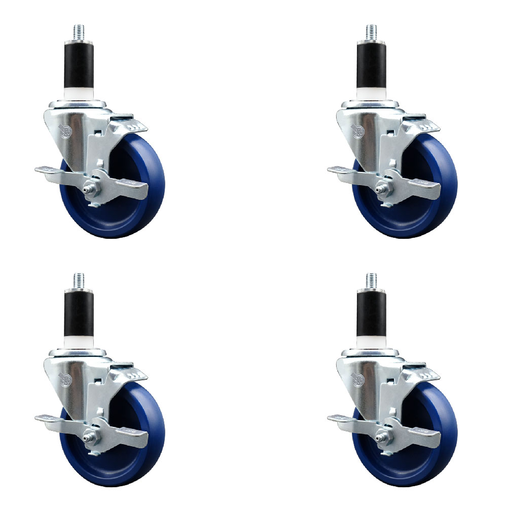Stainless Steel Solid Polyurethane Swivel Expanding Stem Caster with 4 in. Blue Wheels & 1.38 in. Stems 4 Swivel with Top Locking Brakes - Set of 4