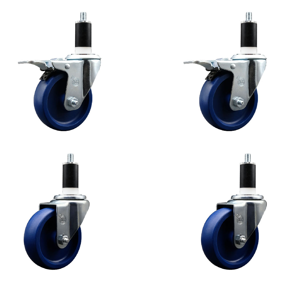 Stainless Steel Solid Polyurethane Swivel Expanding Stem Caster with 4 in. Blue Wheels & 1.38 in. Stems 2 with Total Locking Brakes - Set of 4