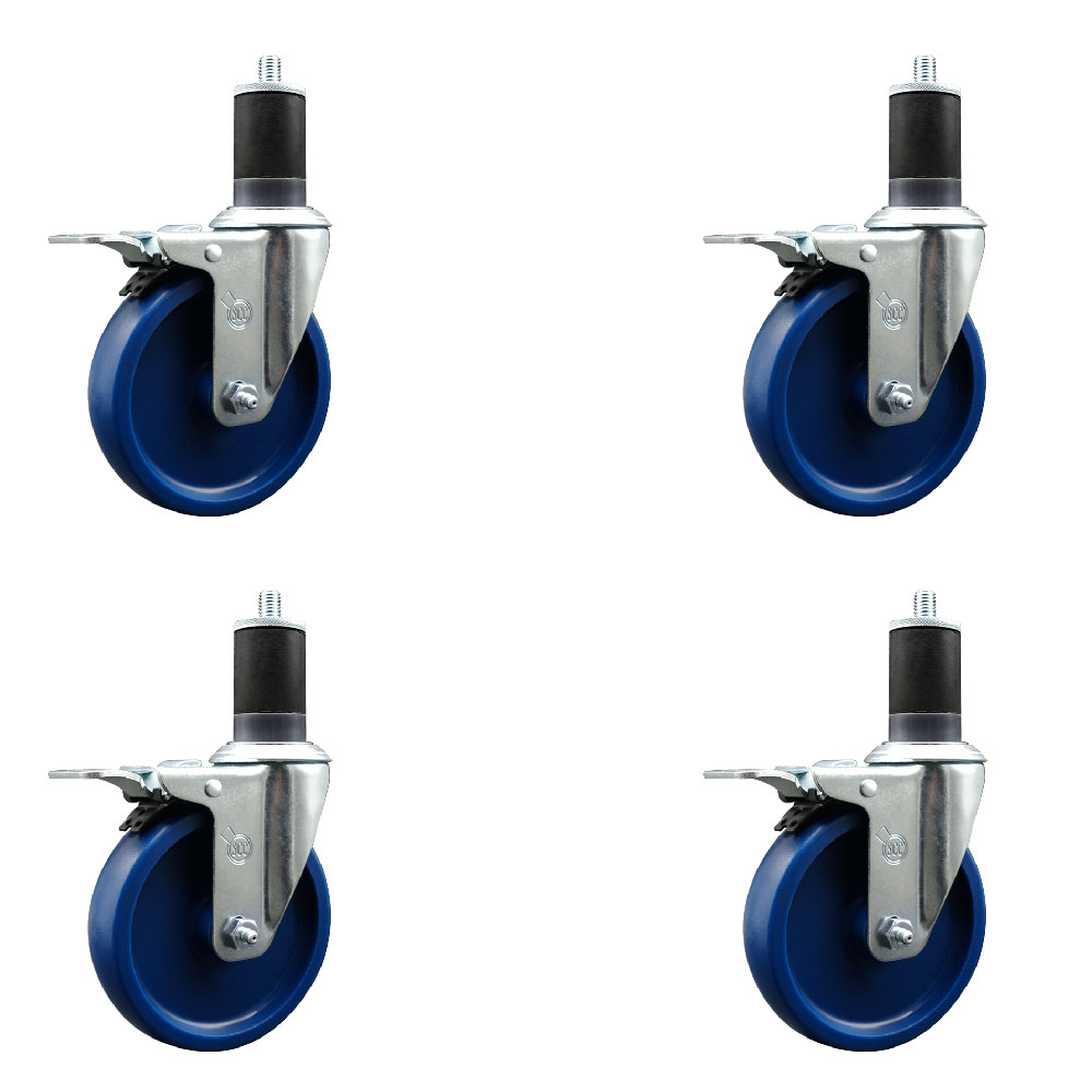 Stainless Steel Solid Polyurethane Swivel Expanding Stem Caster with 5 in. Blue Wheels & 1.63 in. Stems4 Swivel with Total Locking Brakes - Set of 4
