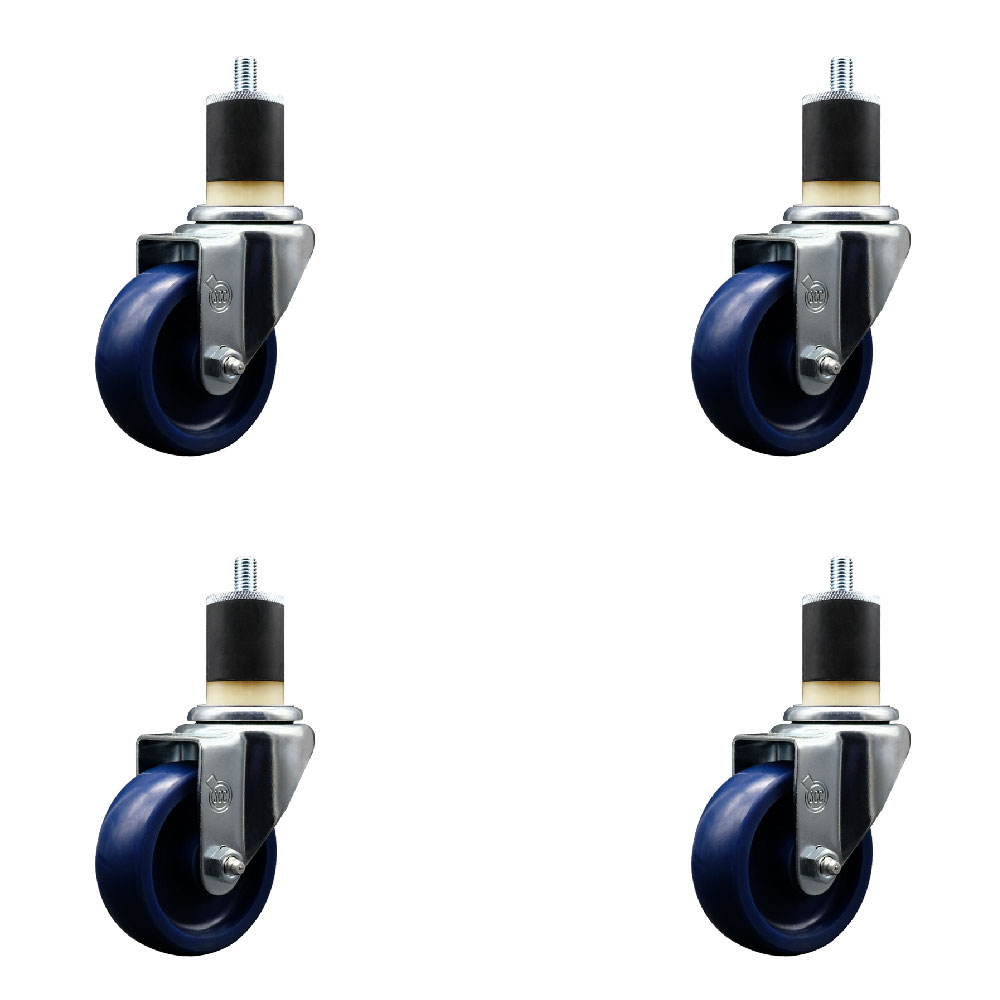 SCC-EX20S3514-SPUS-178-4 Solid Polyurethane Swivel Expanding Stem Caster with 3.5 in. Blue Wheels & 1.87 in. Stems - Set of 4