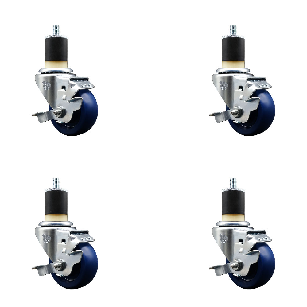 Stainless Steel Solid Polyurethane Swivel Expanding Stem Caster with 3 in. Blue Wheels & 1.87 in. Stems4 Swivel with Top Locking Brakes - Set of 4