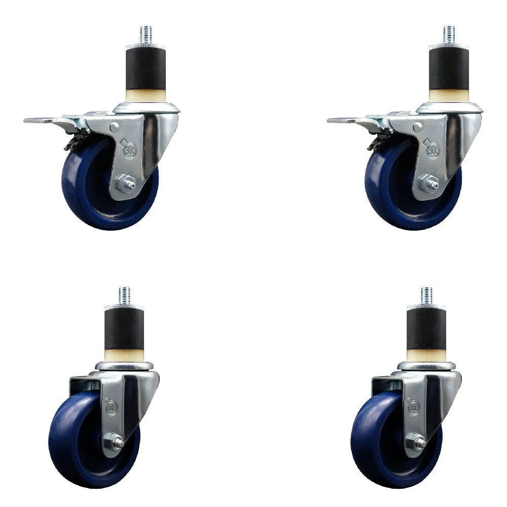 Stainless Steel Solid Polyurethane Swivel Expanding Stem Caster with 3.5 in. Blue Wheels & 1.87 in. Stems 2 with Total Locking Brakes - Set of 4