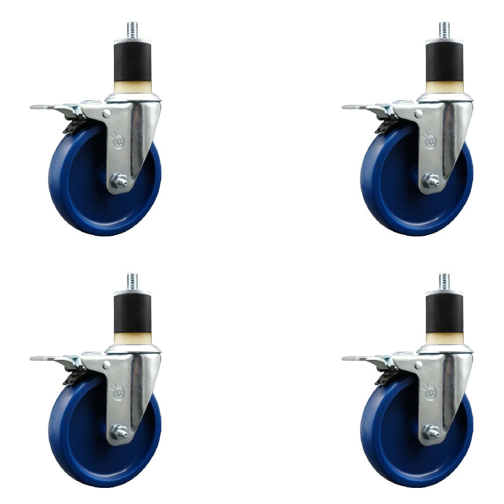 Stainless Steel Solid Polyurethane Swivel Expanding Stem Caster with 5 in. Blue Wheels & 1.87 in. Stems4 Swivel with Total Locking Brakes - Set of 4